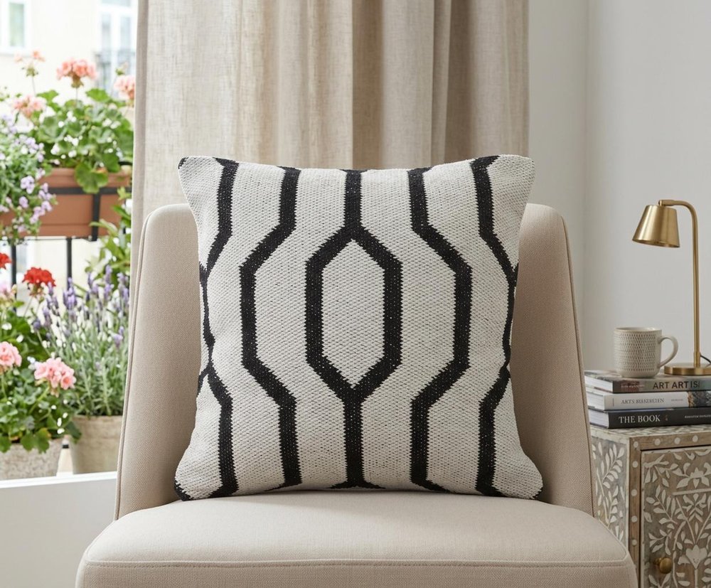 20" X 20" White And Tan 100% Cotton Geometric Zippered Pillow