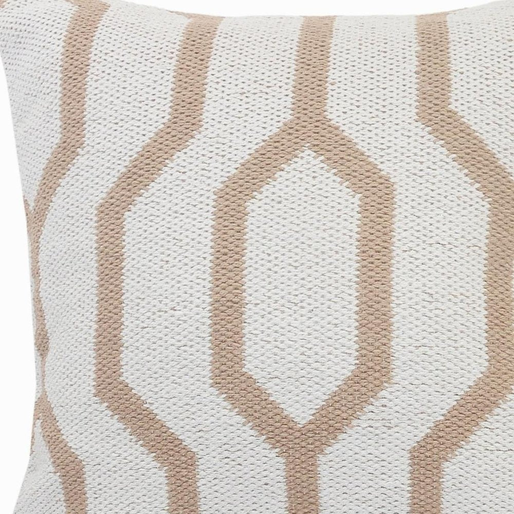 20" X 20" White And Tan 100% Cotton Geometric Zippered Pillow