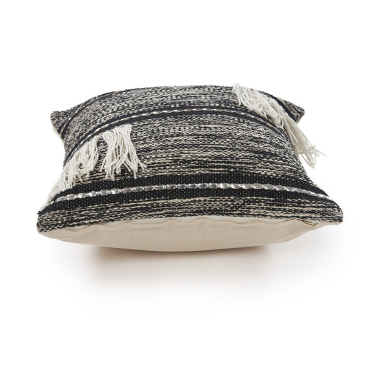 18" Black and Off White Throw Pillow with Fringe
