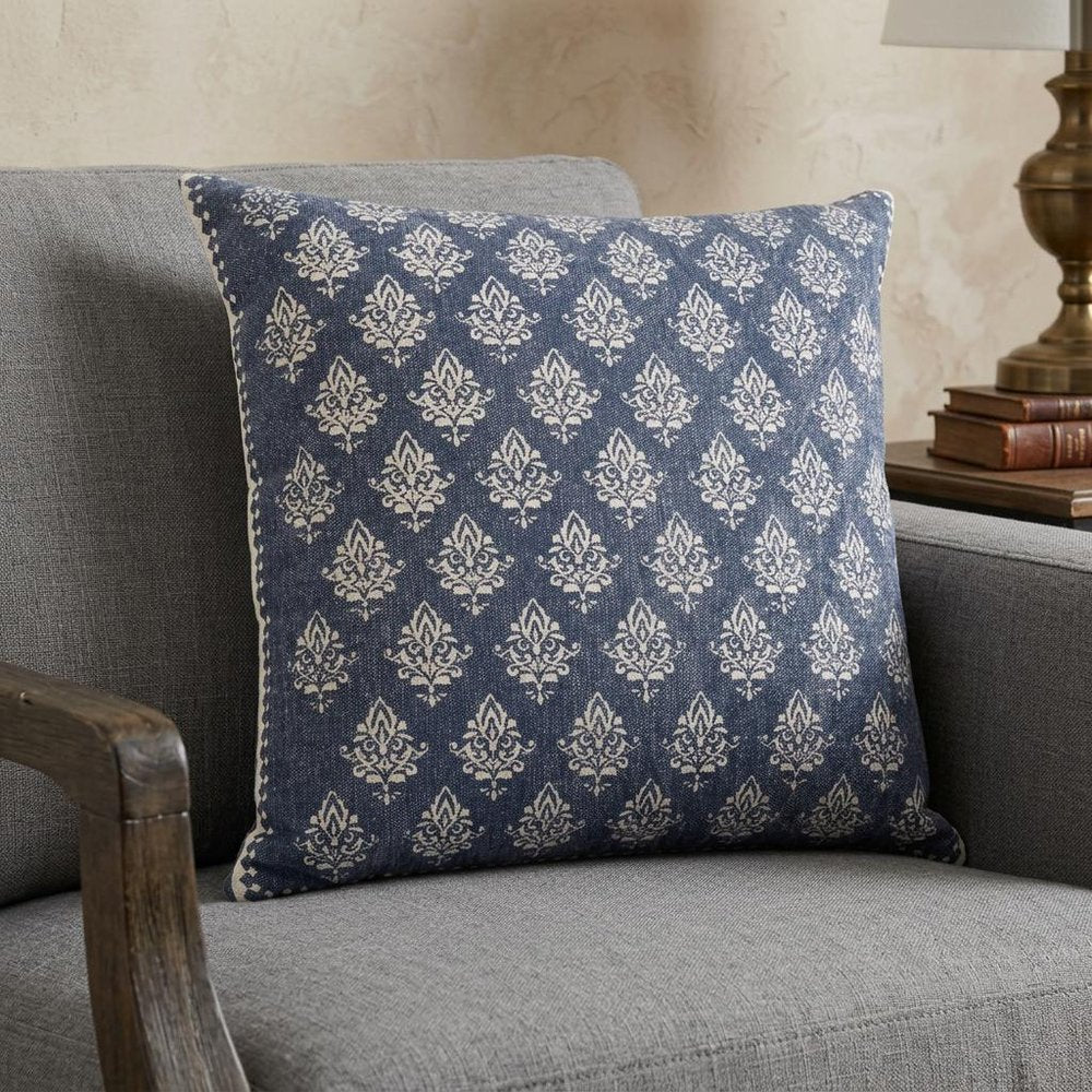 14" X 36" Vintage Indigo Blue And White 100% Cotton Geometric Zippered Pillow