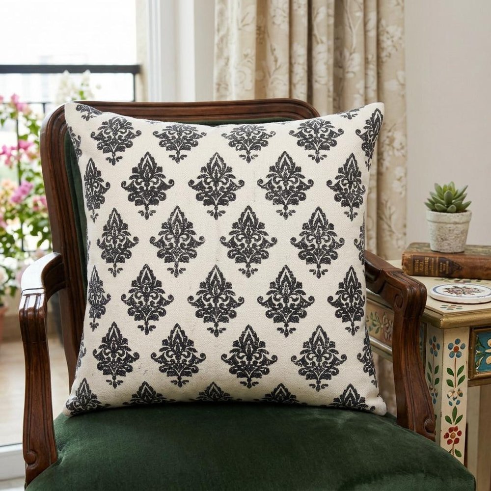 14" X 36" Vintage Indigo Blue And White 100% Cotton Geometric Zippered Pillow