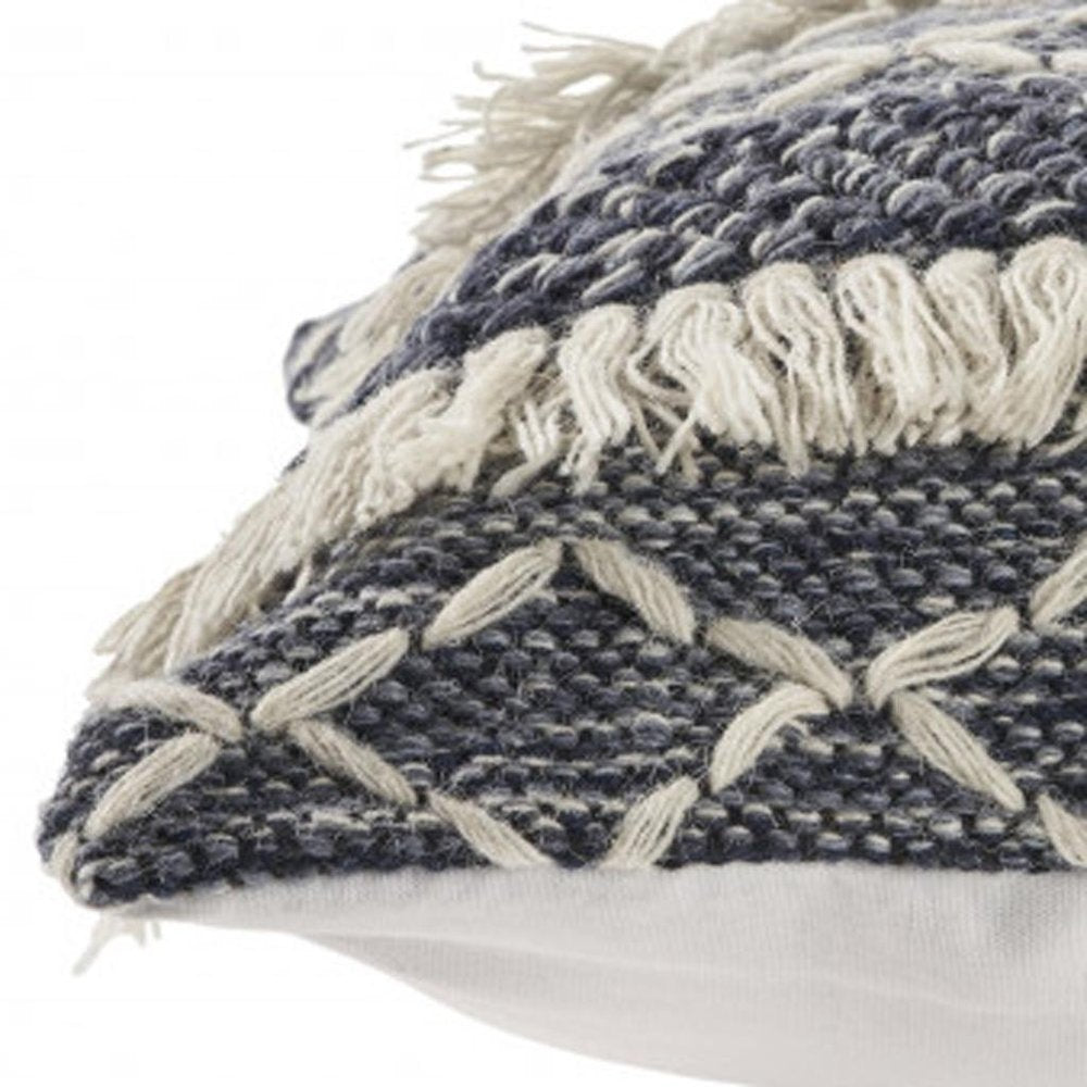 20" X 20" Navy And Ivory 100% Wool Geometric Zippered Pillow