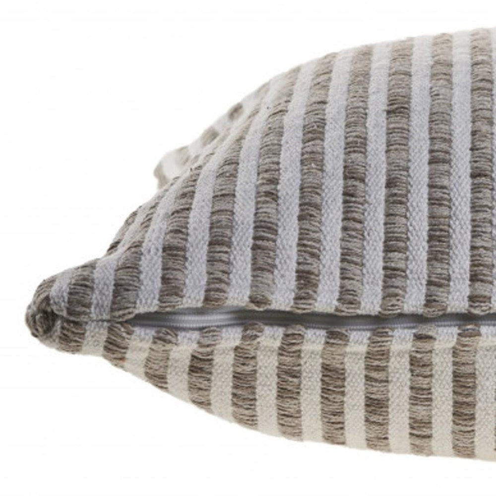 22" X 22" Beige And Cream 100% Cotton Striped Zippered Pillow