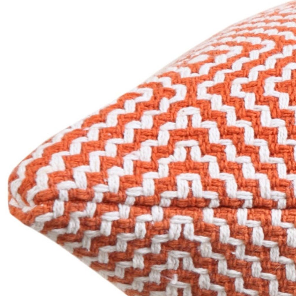 20" X 20" Orange And White 100% Cotton Geometric Zippered Pillow