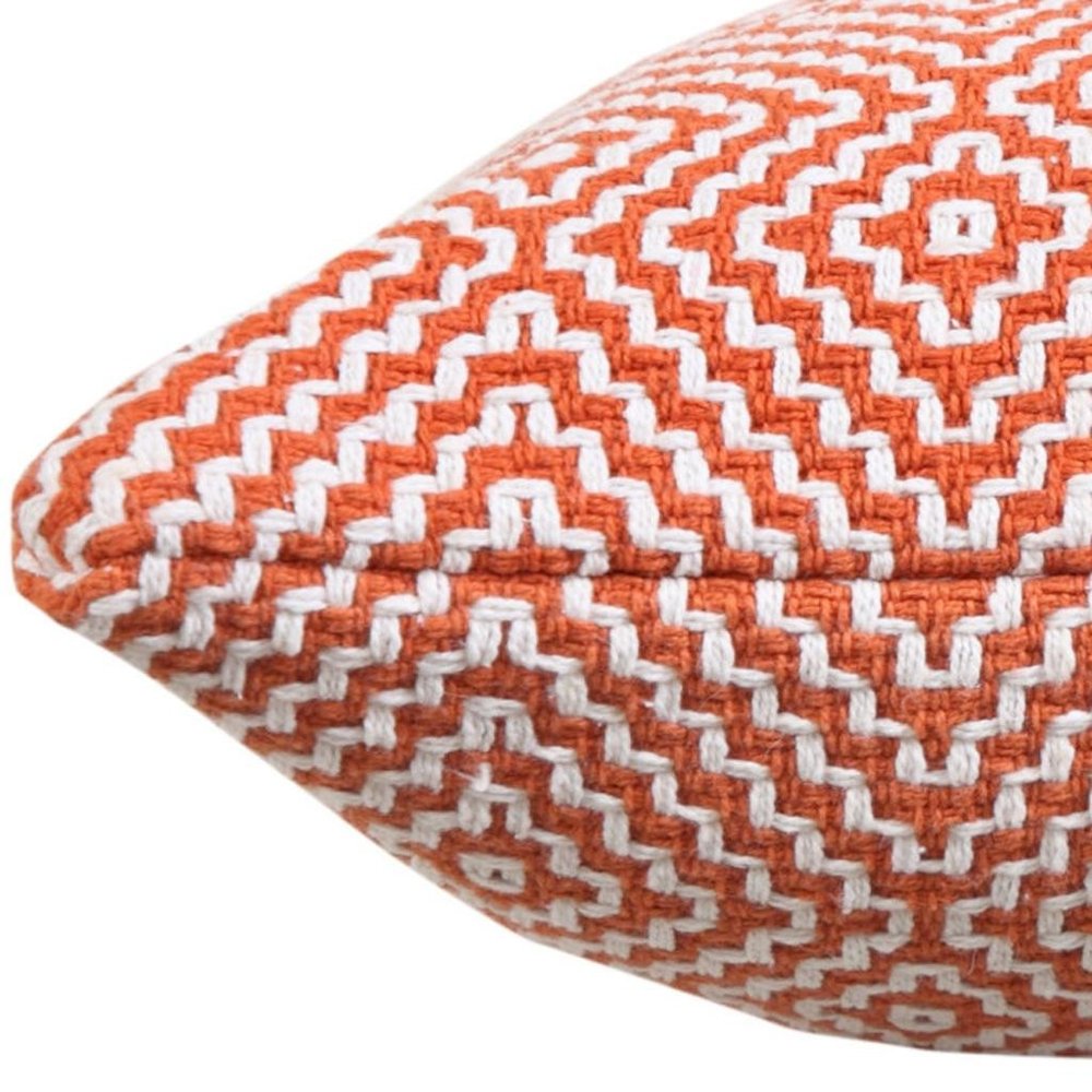 20" X 20" Orange And White 100% Cotton Geometric Zippered Pillow