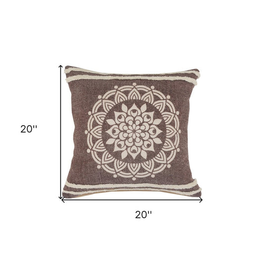 20" Brown And White Floral Medallion Cotton Throw Pillow