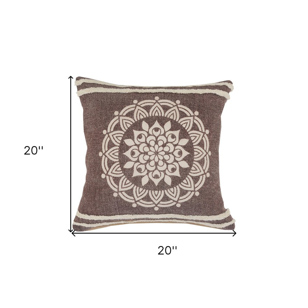 20" Brown And White Floral Medallion Cotton Throw Pillow