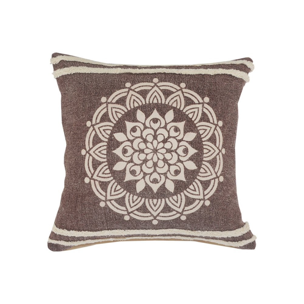 20" Brown And White Floral Medallion Cotton Throw Pillow