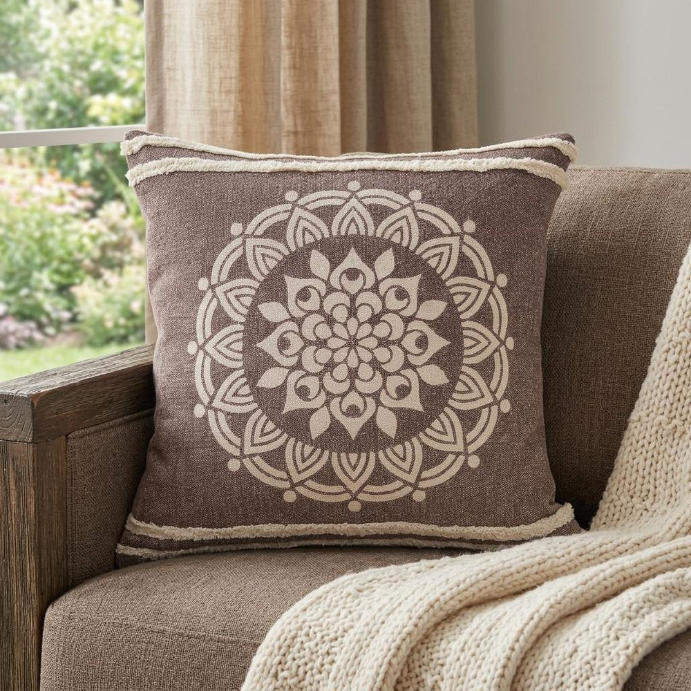20" Brown And White Floral Medallion Cotton Throw Pillow