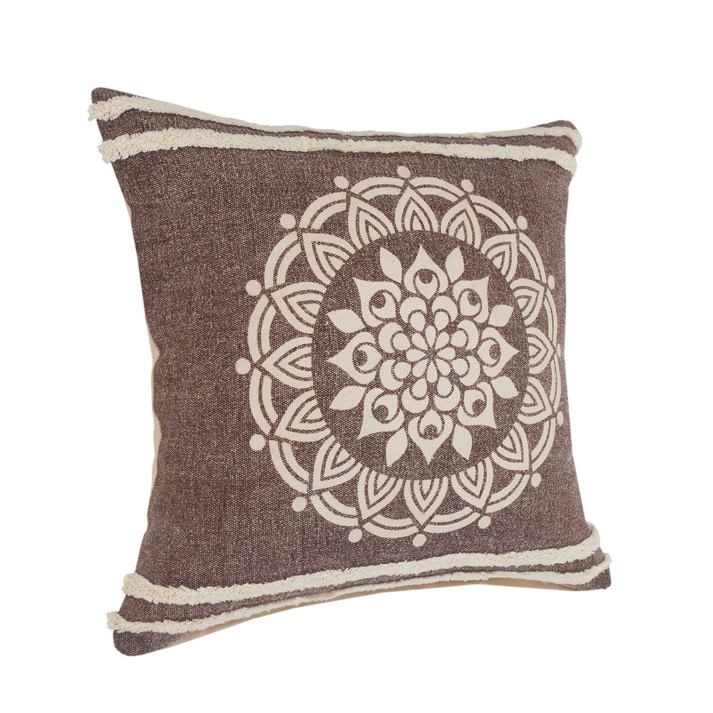 20" Brown And White Floral Medallion Cotton Throw Pillow