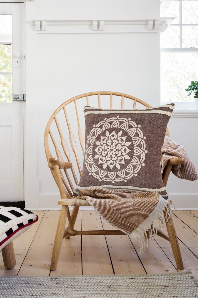 20" Brown And White Floral Medallion Cotton Throw Pillow