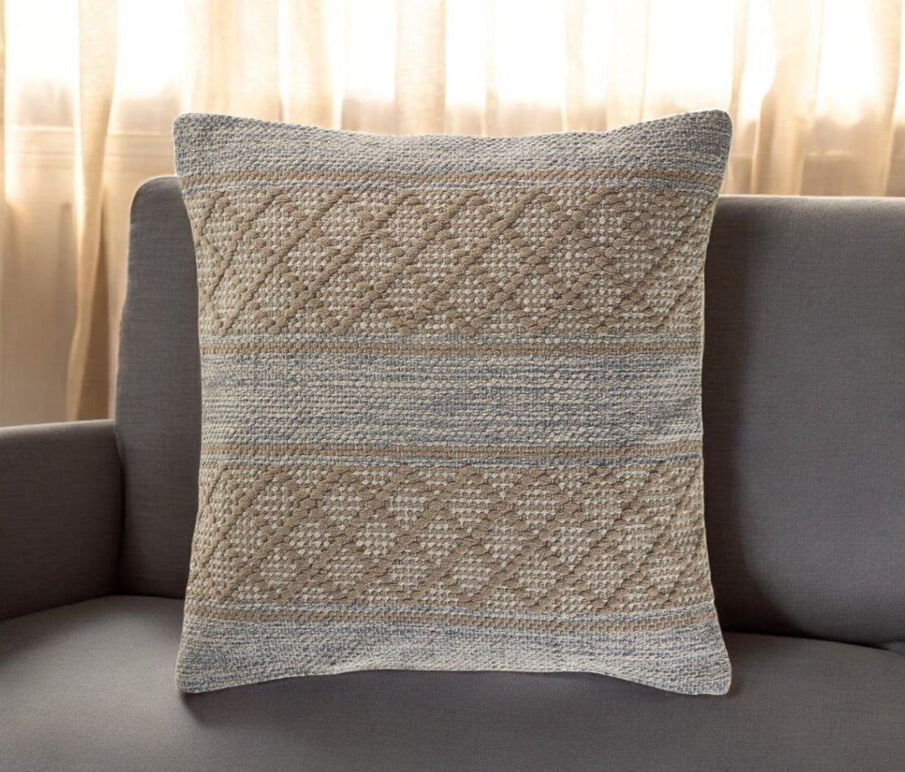 20" Beige And Gray Cotton Geometric Throw Pillow