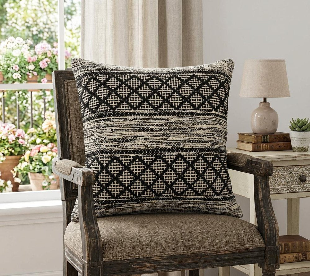 20" X 20" Gray And Black 100% Cotton Geometric Zippered Pillow