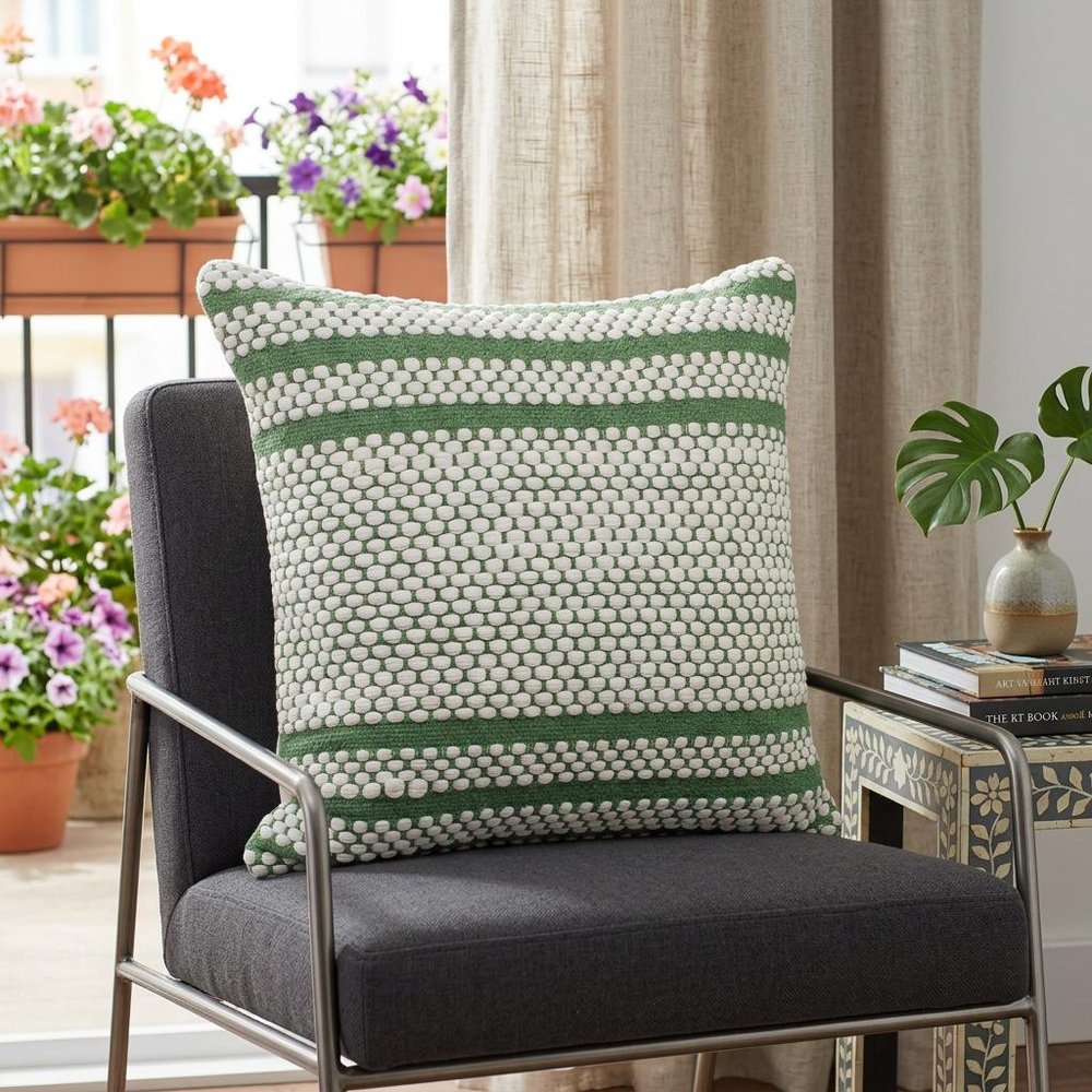 14" X 36" Green And White 100% Cotton Geometric Zippered Pillow