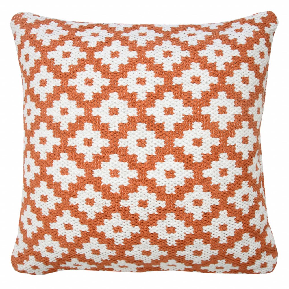 20" X 20" Orange And White 100% Cotton Geometric Zippered Pillow