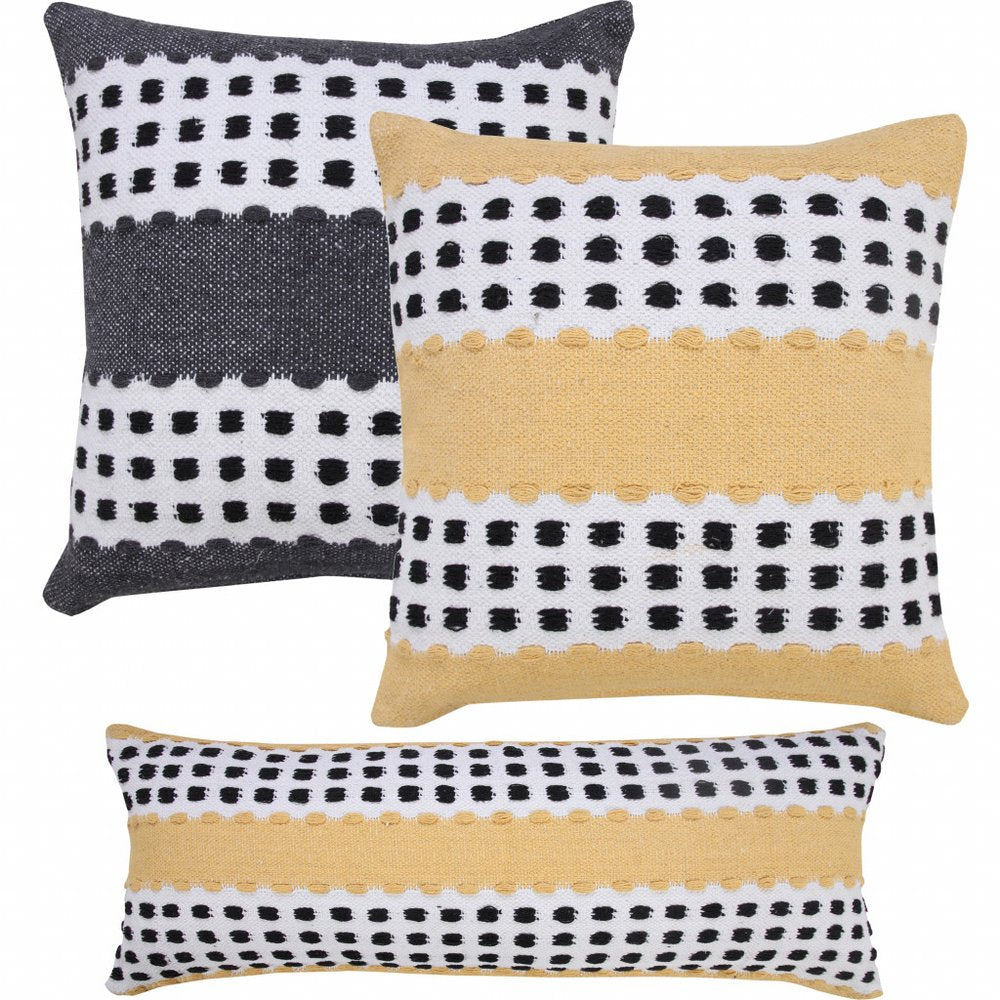 14" X 36" Yellow Black And White Cotton Striped Throw Pillow