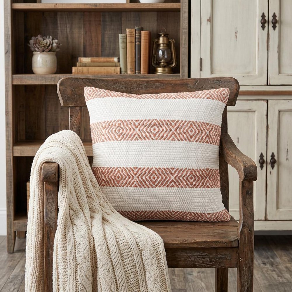 20" X 20" Orange And White 100% Cotton Striped Zippered Pillow