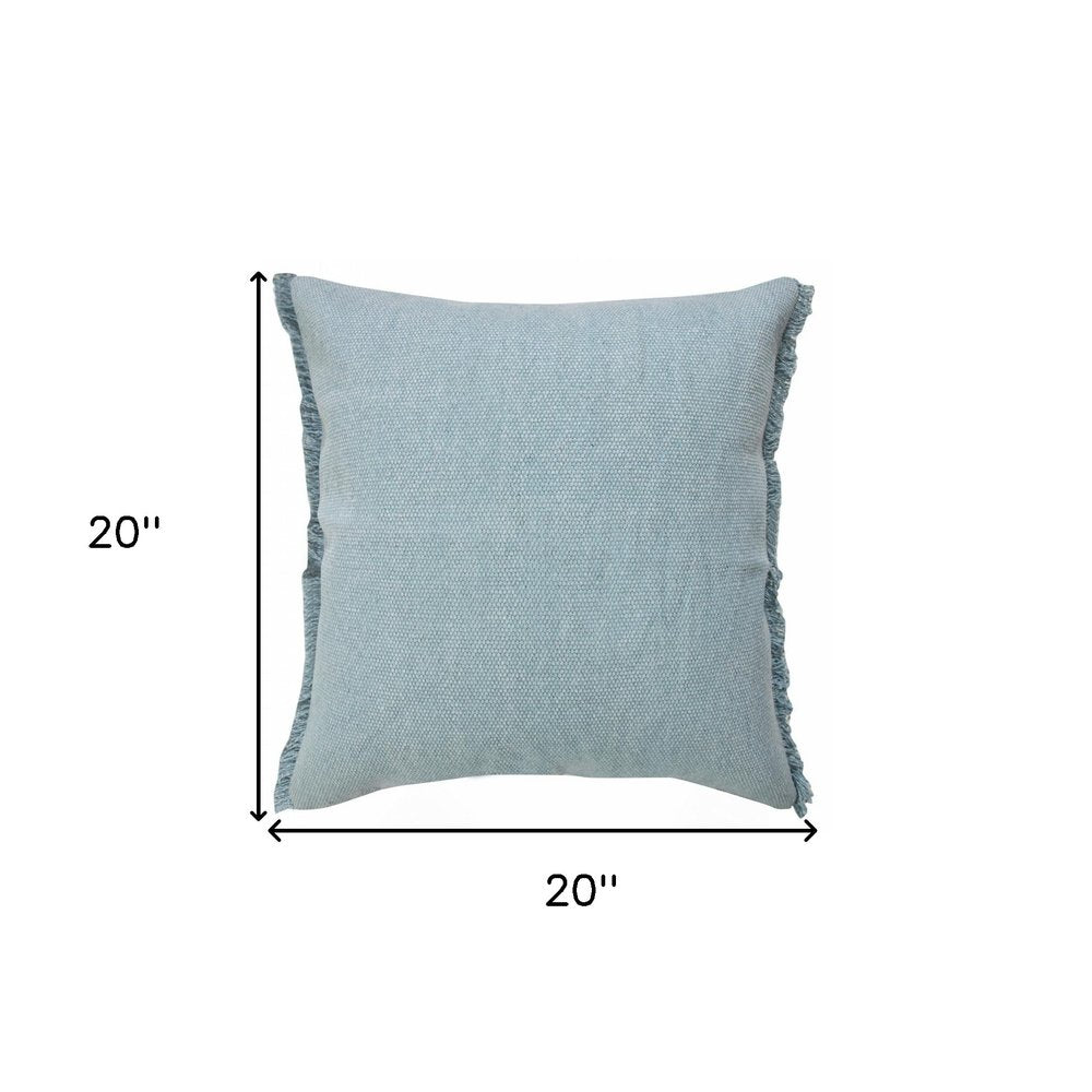 14" X 36" Light Blue Cotton Lumbar Throw Pillow With Fringe