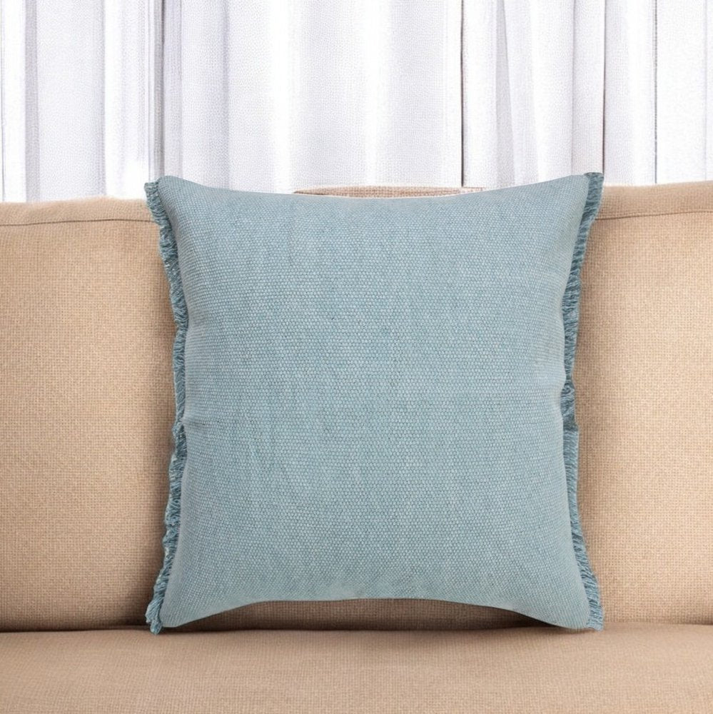 14" X 36" Light Blue Cotton Lumbar Throw Pillow With Fringe
