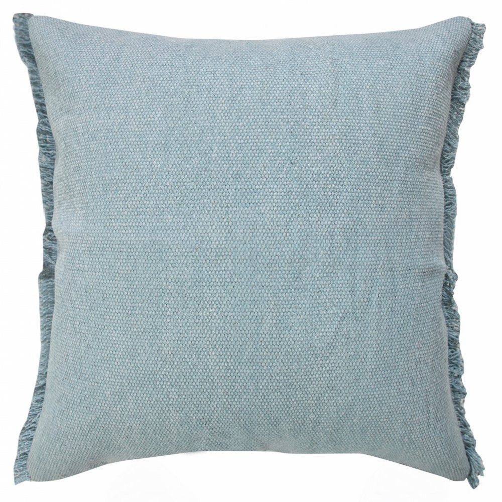 14" X 36" Light Blue Cotton Lumbar Throw Pillow With Fringe