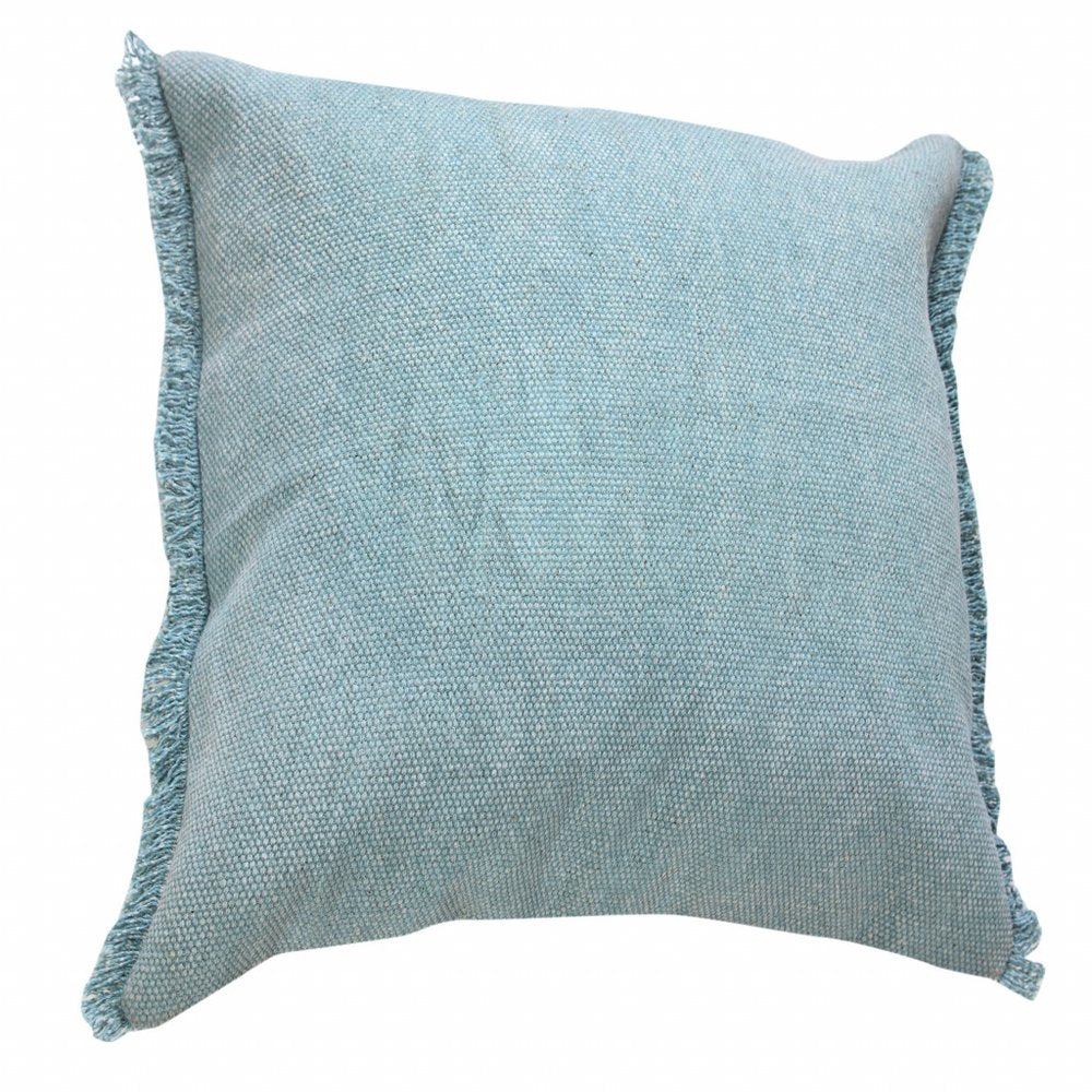 14" X 36" Light Blue Cotton Lumbar Throw Pillow With Fringe