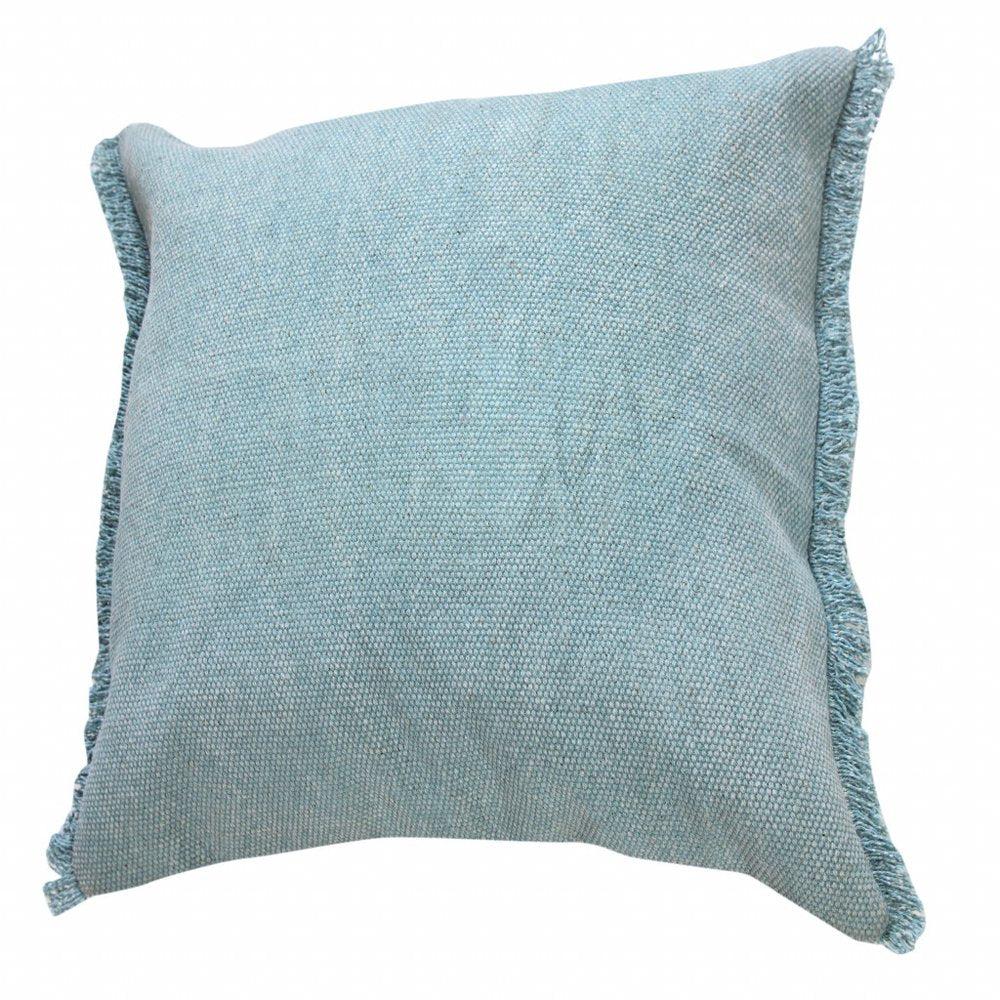 14" X 36" Light Blue Cotton Lumbar Throw Pillow With Fringe