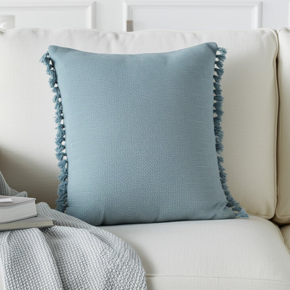 14" X 36" Light Blue Cotton Lumbar Throw Pillow With Fringe