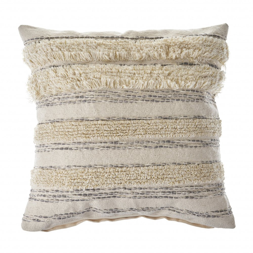 20" Cream Gray And Tan Cotton Striped Throw Pillow