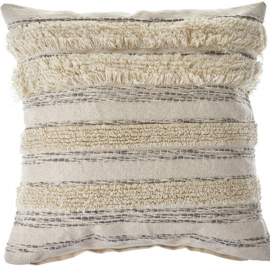 14" X 36" Cream Gray And Tan Cotton Striped Throw Pillow