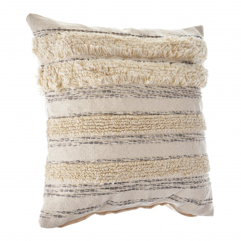 20" Cream Gray And Tan Cotton Striped Throw Pillow