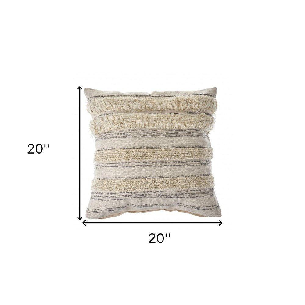 20" Cream Gray And Tan Cotton Striped Throw Pillow