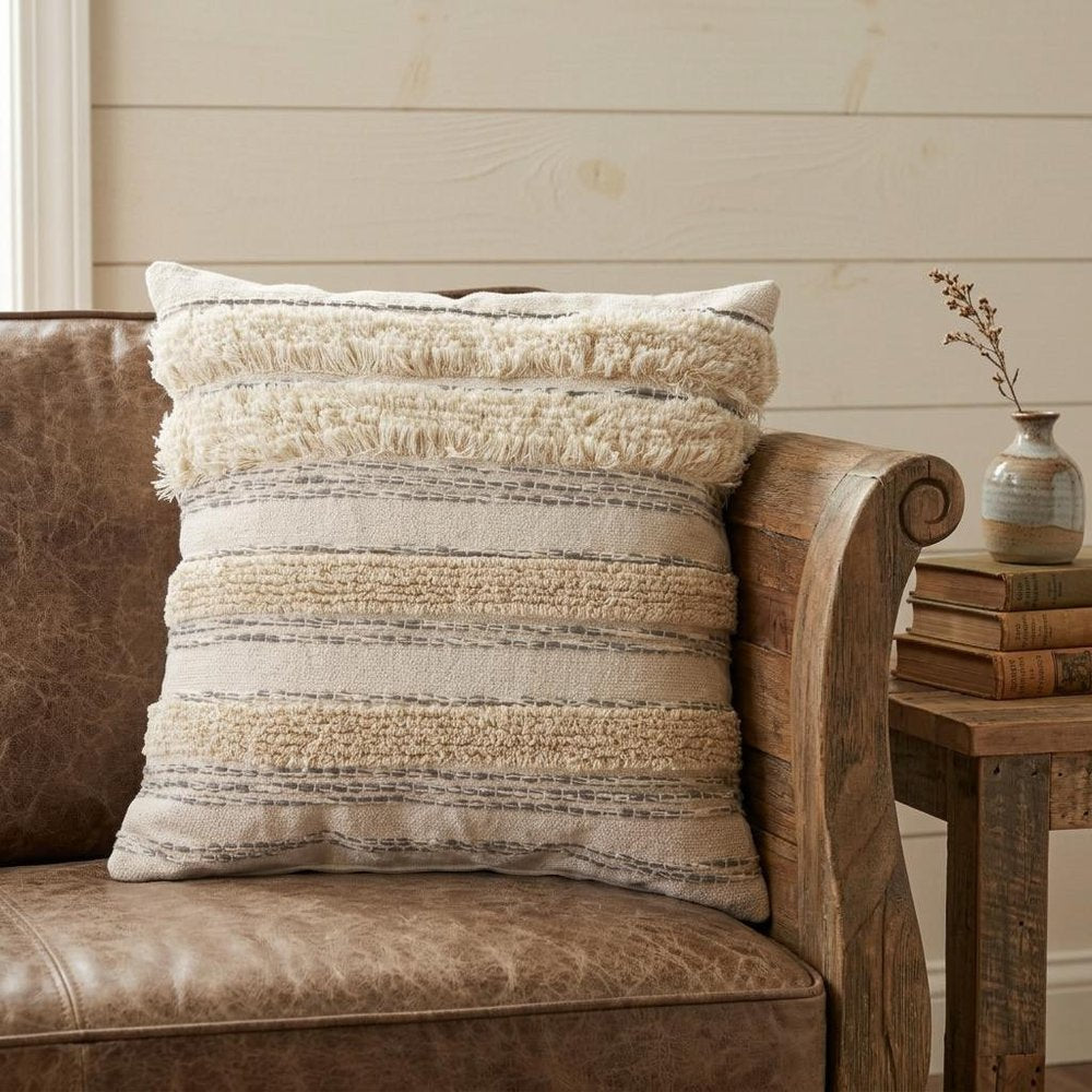 14" X 36" Cream Gray And Tan Cotton Striped Throw Pillow