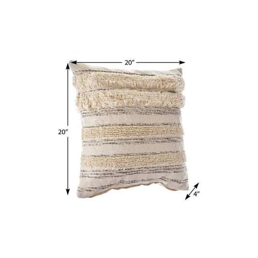 14" X 36" Cream Gray And Tan Cotton Striped Throw Pillow