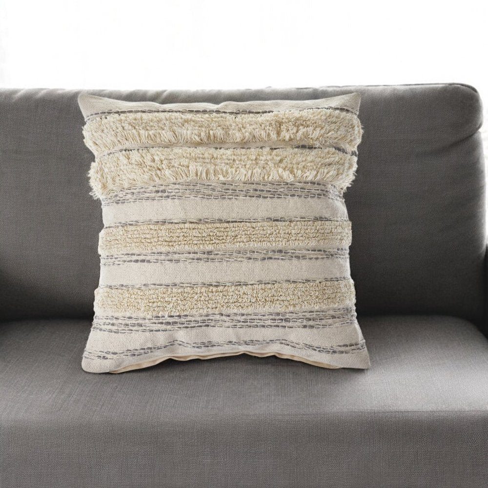 20" Cream Gray And Tan Cotton Striped Throw Pillow