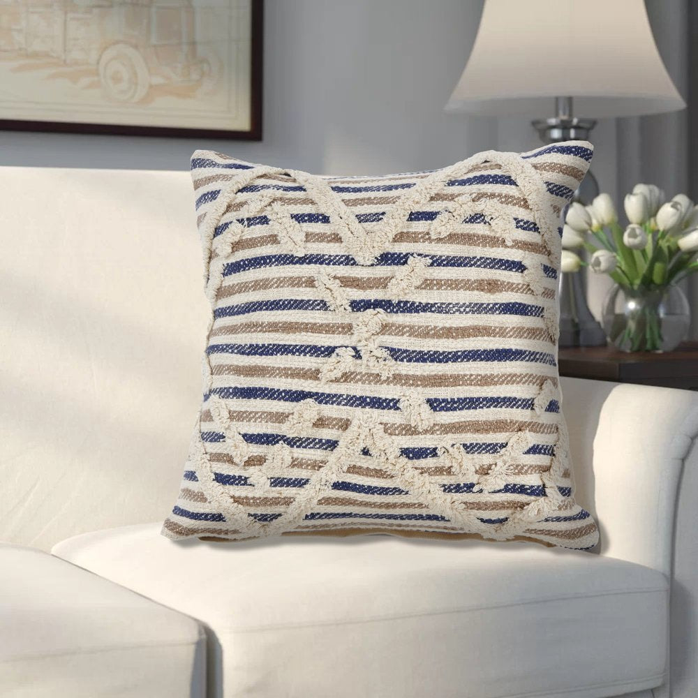 18" Blue And Beige Cotton Striped Throw Pillow