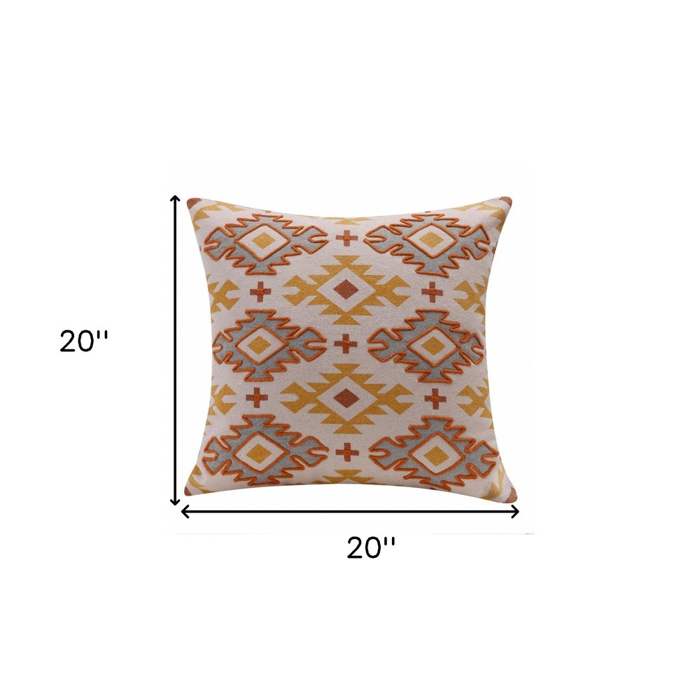 20" Yellow And Rust Cotton Geometric Throw Pillow