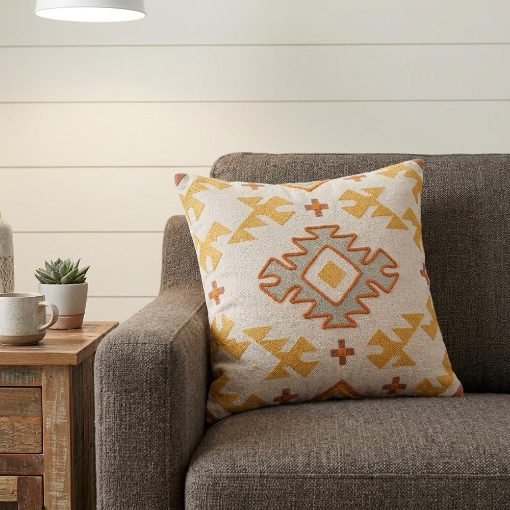 20" Yellow And Rust Cotton Geometric Throw Pillow