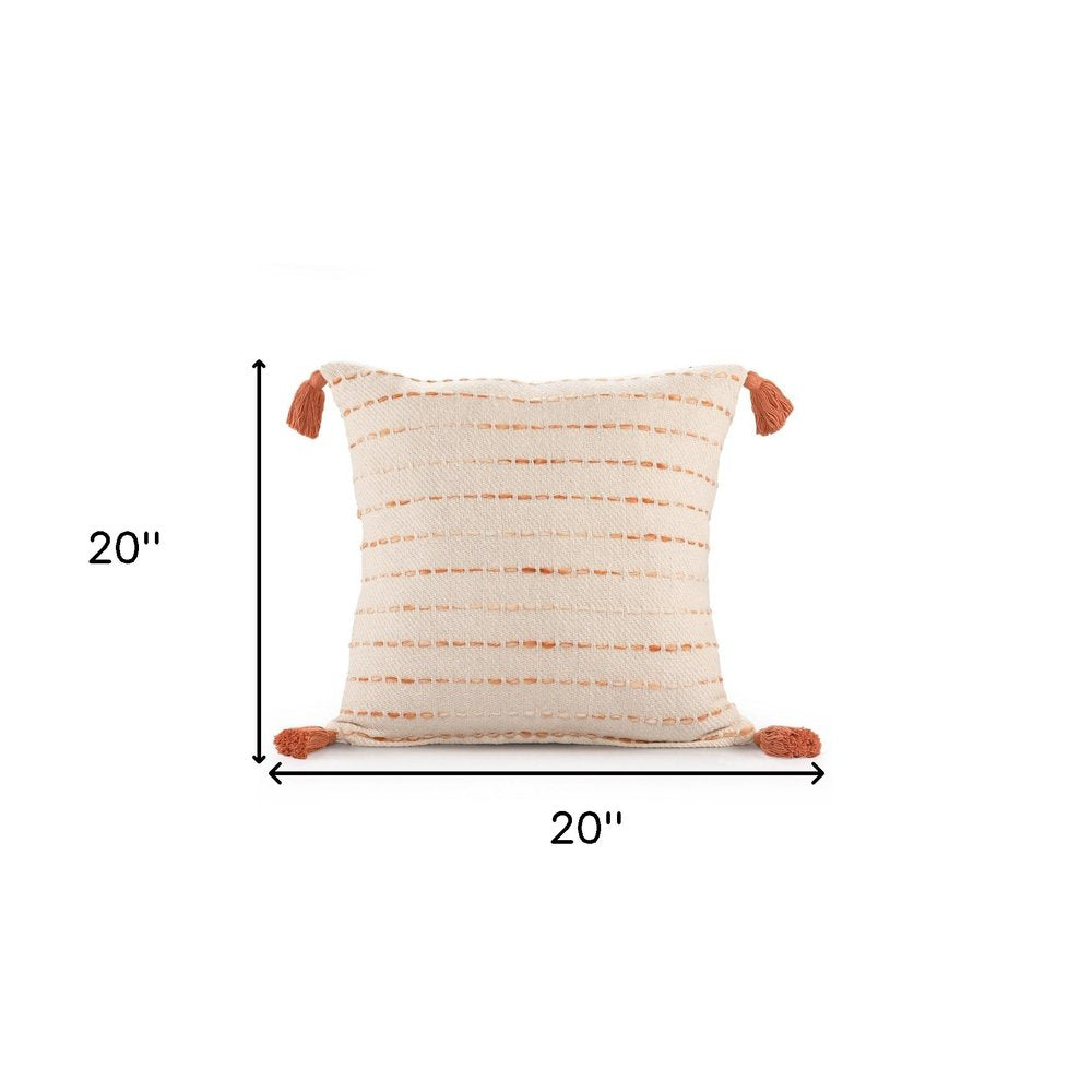 20" Olive Green And Ivory Cotton Striped Throw Pillow with Tassels