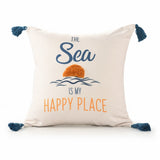 20" White Navy Blue And Yellow Fabric The sea is my happy place Text Throw Pillow with Tassels