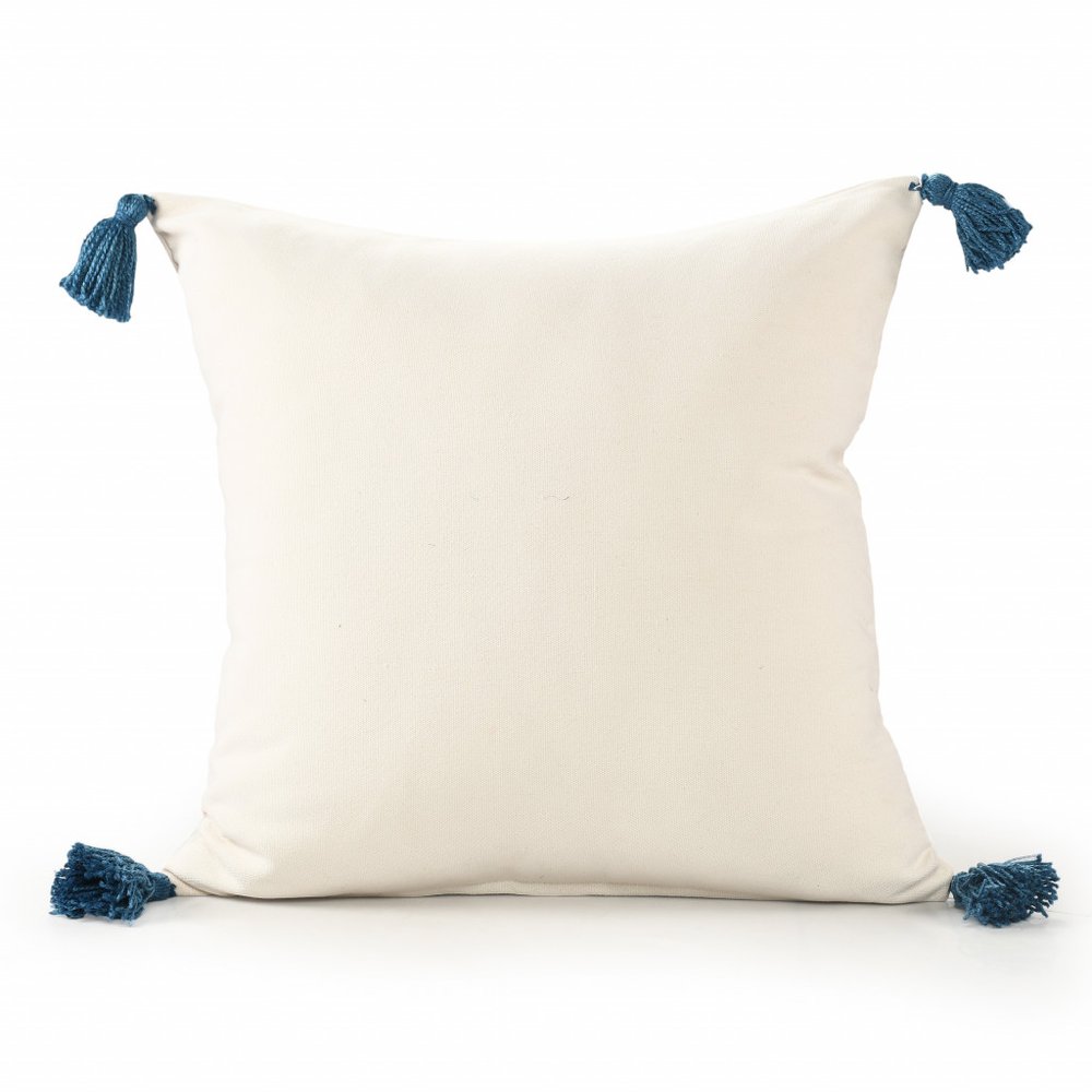 20" White Navy Blue And Yellow Fabric The sea is my happy place Text Throw Pillow with Tassels