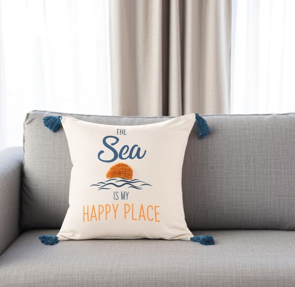 20" White Navy Blue And Yellow Fabric The sea is my happy place Text Throw Pillow with Tassels