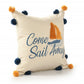 20" Natural Blue And Orange Come Sail Away Throw Pillow With Pompoms And Texture