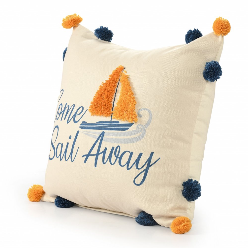 20" Natural Blue And Orange Come Sail Away Throw Pillow With Pompoms And Texture