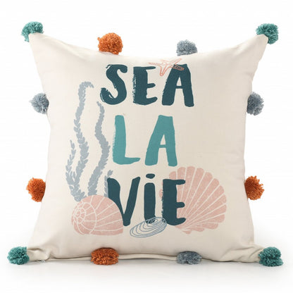 20"  Natural Aqua And Gray Sea La Vie Seashells Throw Pillow with Pompoms