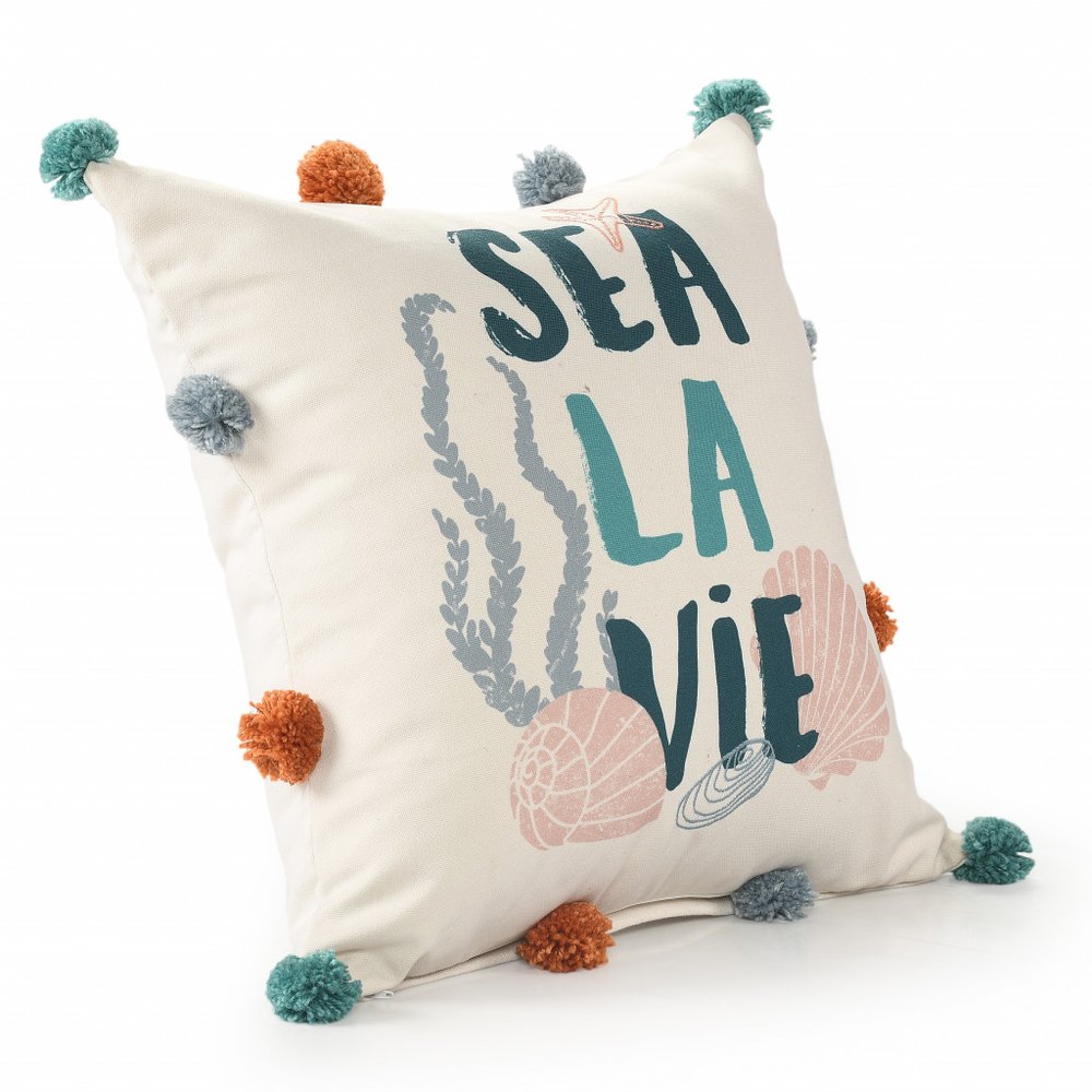 20"  Natural Aqua And Gray Sea La Vie Seashells Throw Pillow with Pompoms