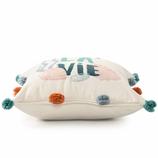 20"  Natural Aqua And Gray Sea La Vie Seashells Throw Pillow with Pompoms