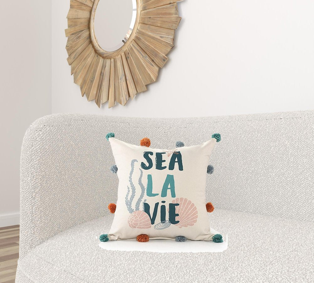 20"  Natural Aqua And Gray Sea La Vie Seashells Throw Pillow with Pompoms