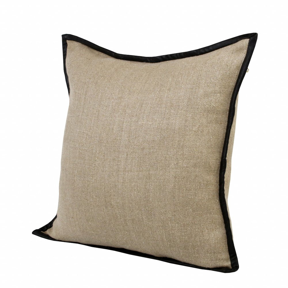 20" Tan And Black Linen Color Block Throw Pillow