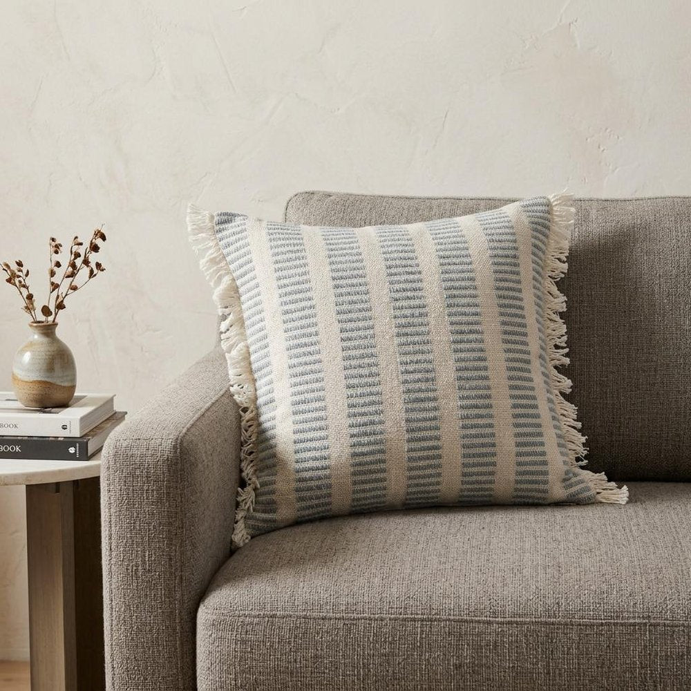 20" Blue And Ivory Striped Throw Pillow