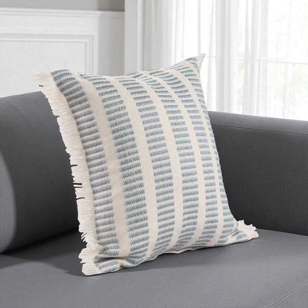 20" Blue And Ivory Striped Throw Pillow